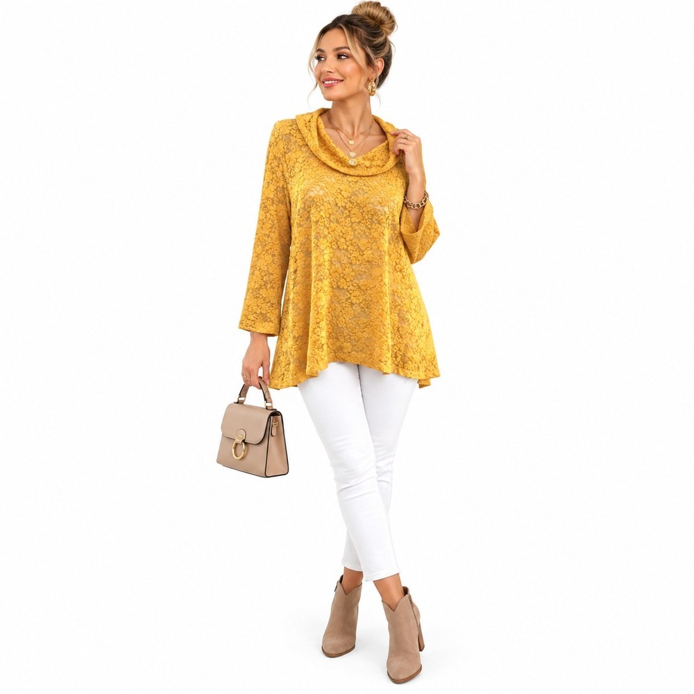 Skyes The Limit Tunic Women XL Yellow Lace Cowl Neck Long Sleeve Floral Top